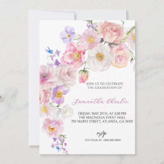 Invitation Graduation fleur sauvage rose (Devant)