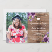 Invitation Graduation Fleurs violettes Lumières Bois Photo (Devant)