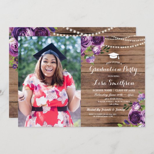 Invitation Graduation Fleurs violettes Lumières Bois Photo (Devant / Derrière)