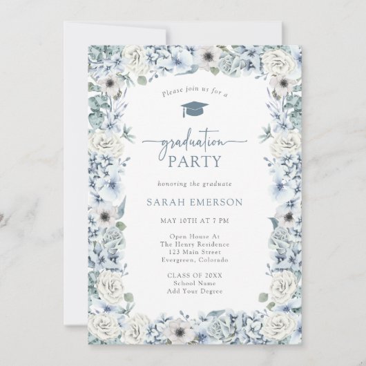 Invitation Graduation Florale Bleue (Devant)