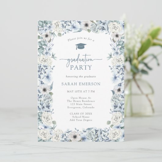 Invitation Graduation Florale Bleue (Debout devant)