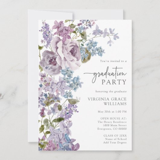 Invitation Graduation florale pourpre (Devant)