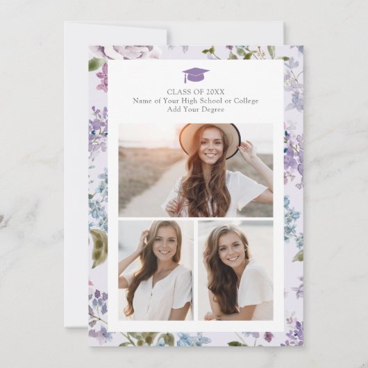 Invitation Graduation florale pourpre (Dos)