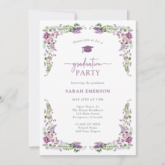 Invitation Graduation florale pourpre (Devant)