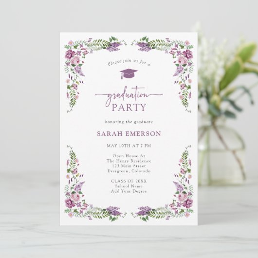 Invitation Graduation florale pourpre (Debout devant)