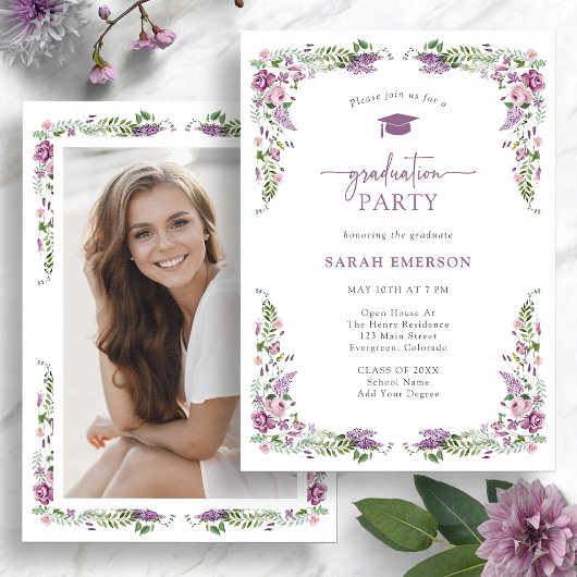 Invitation Graduation florale pourpre