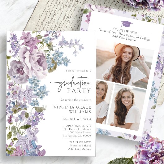 Invitation Graduation florale pourpre