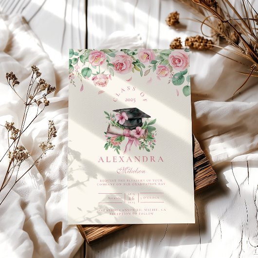 Invitation Graduation florale rose