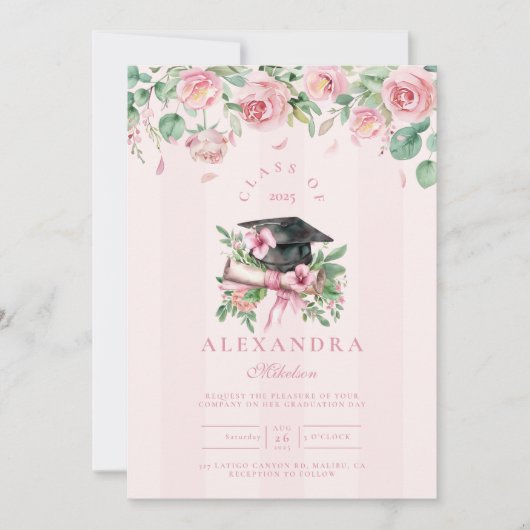 Invitation Graduation florale rose moderne (Devant)