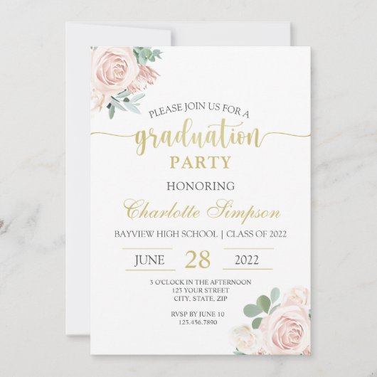 Invitation Graduation florale rose pâle rose (Devant)