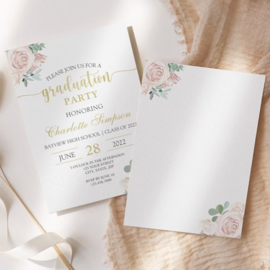 Invitation Graduation florale rose pâle rose