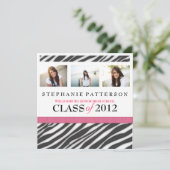 Invitation Graduation Glamor Girl Zebra Imprimer avec le rose (Debout devant)