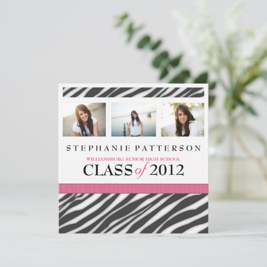 Invitation Graduation Glamor Girl Zebra Imprimer avec le rose (Debout devant)