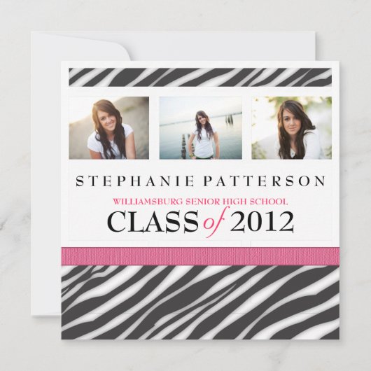 Invitation Graduation Glamor Girl Zebra Imprimer avec le rose (Devant)