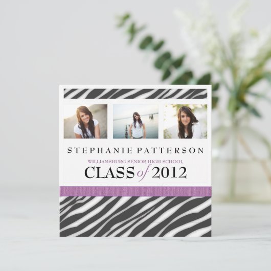 Invitation Graduation Glamor Girl Zebra Imprimer avec violet (Debout devant)