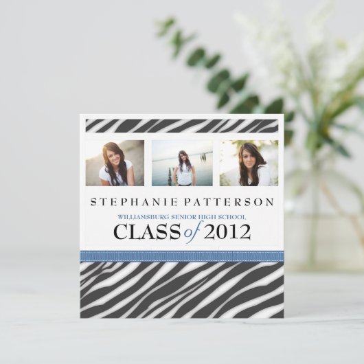 Invitation Graduation Glamor Girl Zebra Imprimer en bleu (Debout devant)