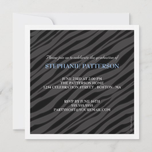 Invitation Graduation Glamor Girl Zebra Imprimer en bleu (Dos)