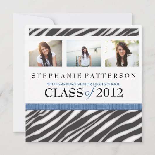 Invitation Graduation Glamor Girl Zebra Imprimer en bleu (Devant)