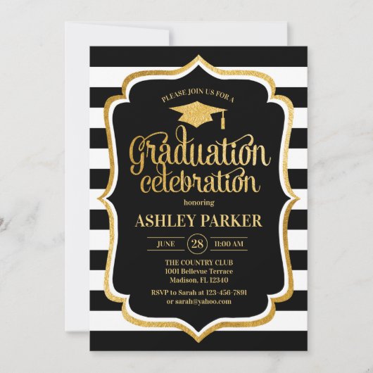 Invitation Graduation - Gold Black White Stripes (Devant)