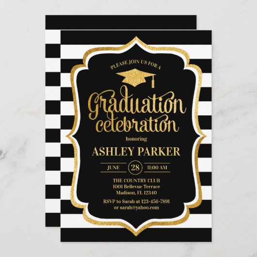 Invitation Graduation - Gold Black White Stripes (Devant / Derrière)