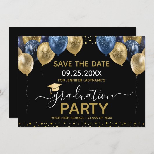 Invitation Graduation Gold Blue Enregistrer la date Invitatio (Devant / Derrière)