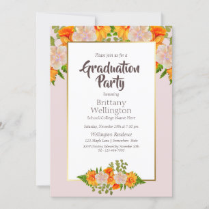 Invitation Graduation Gold Blush Rose Orange Floral Party