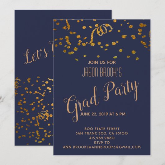 Invitation Graduation Gold Confetti Blowout Party (Devant / Derrière)