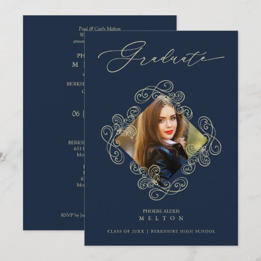 Invitation Graduation Gold Diamond Flourish Photo Invitation. (Devant / Derrière)