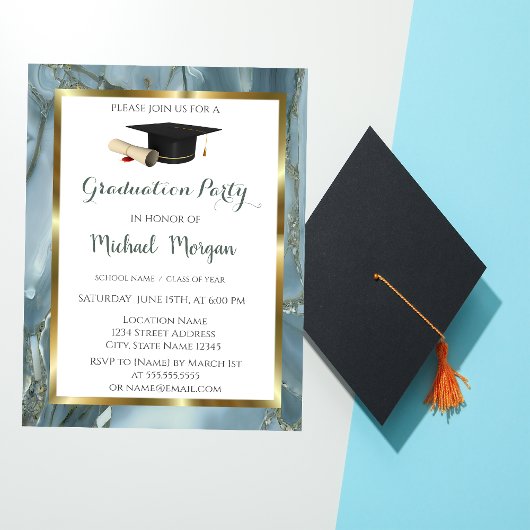 Invitation Graduation Gold Frame Casquette Marble Graduation