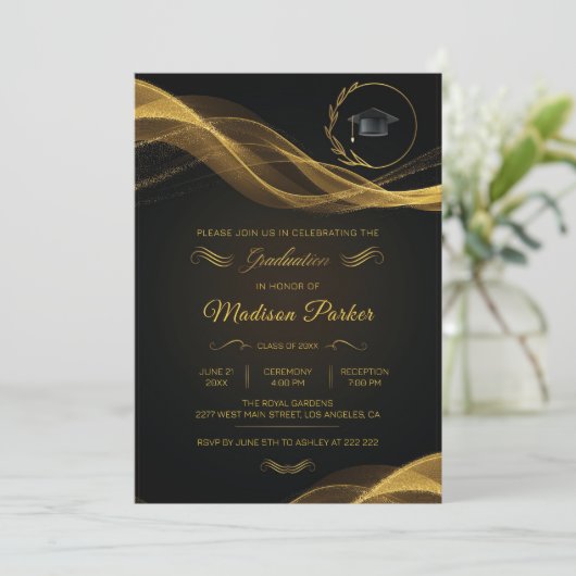 Invitation Graduation Gold Glittering Wave (Debout devant)