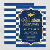 Invitation Graduation - Gold Navy Bleu Bleu Blancs (Devant / Derrière)
