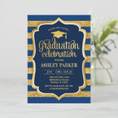Invitation Graduation - Gold Navy Blue Stripes (Debout devant)