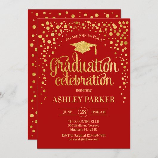 Invitation Graduation - Gold Red (Devant / Derrière)