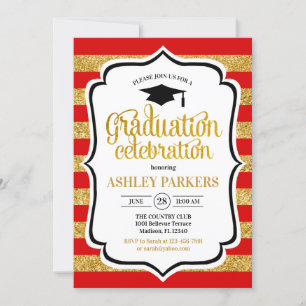 Invitation Graduation - Gold Red Stripes