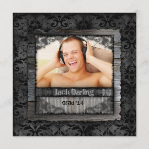 Invitation Graduation Grad Wood Damask Photo Vintage