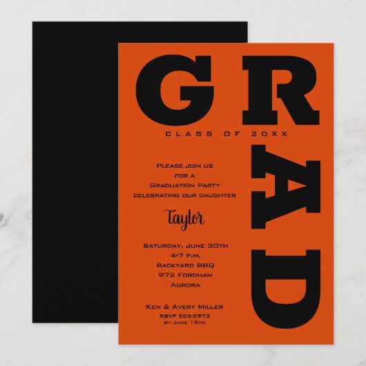 Invitation Graduation Gras GRAD noir et orange (Devant / Derrière)