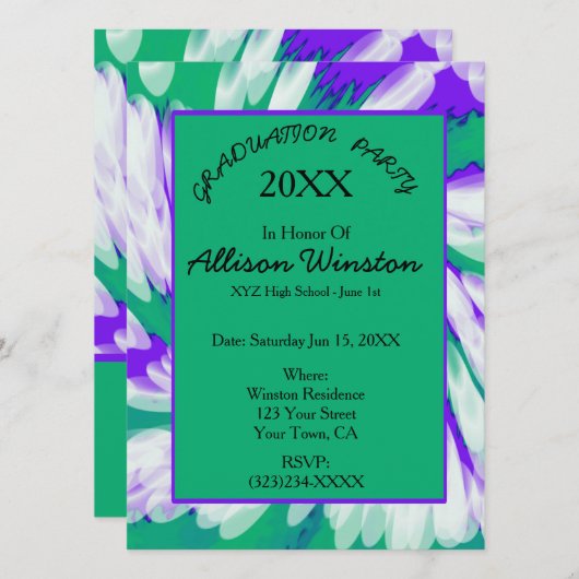 Invitation Graduation Green Purple Tie Dye Swirl (Devant / Derrière)