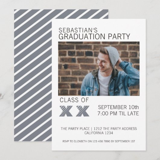 Invitation Graduation Gris et Blancs (Devant / Derrière)