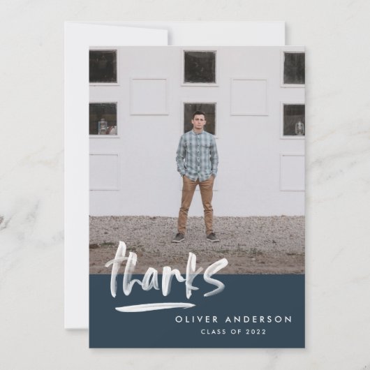 Invitation Graduation marine bleu script 3 photo merci (Devant)