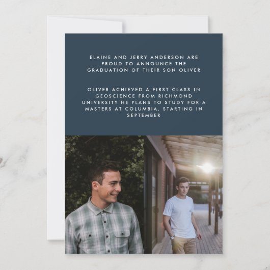 Invitation Graduation marine bleu script 3 photo merci (Dos)