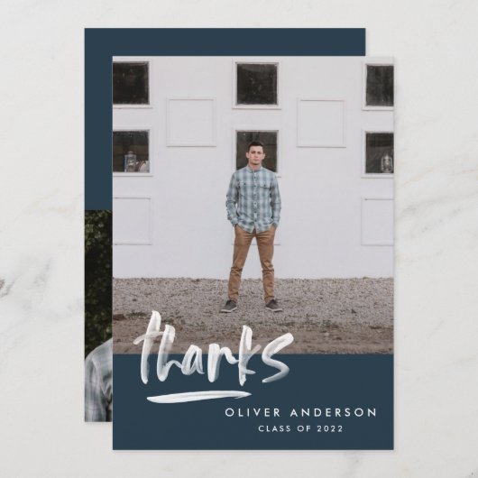 Invitation Graduation marine bleu script 3 photo merci (Devant / Derrière)