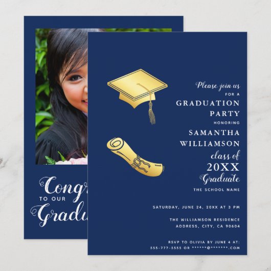 Invitation Graduation Marine Blue White Gold Classe de photo  (Devant / Derrière)