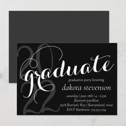 Invitation Graduation moderne | Blanc noir classique (Devant / Derrière)
