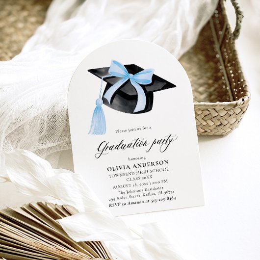 Invitation Graduation Moderne Bleu Bow Graduation Cap Arched