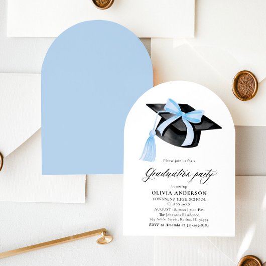 Invitation Graduation Moderne Bleu Bow Graduation Cap Arched