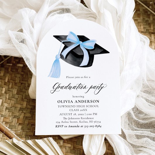 Invitation Graduation Moderne Bleu Bow Graduation Cap Arched