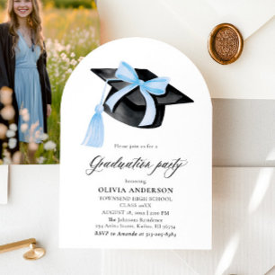Invitation Graduation Moderne Bleu Bow Graduation Cap Arched