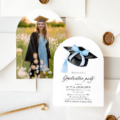 Invitation Graduation Moderne Bleu Bow Graduation Cap Arched