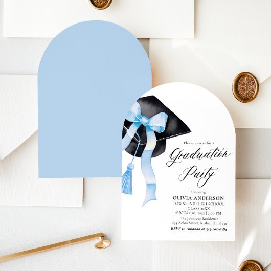 Invitation Graduation Moderne Bleu Bow Graduation Cap Arched