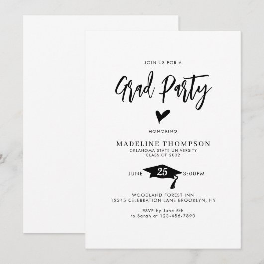 Invitation Graduation moderne de la fête du coeur de script (Devant / Derrière)